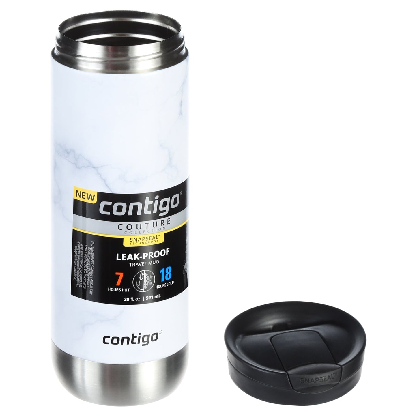 Contigo Couture Stainless Steel Travel Mug with SNAPSEAL Lid White Marble, 20 fl oz.