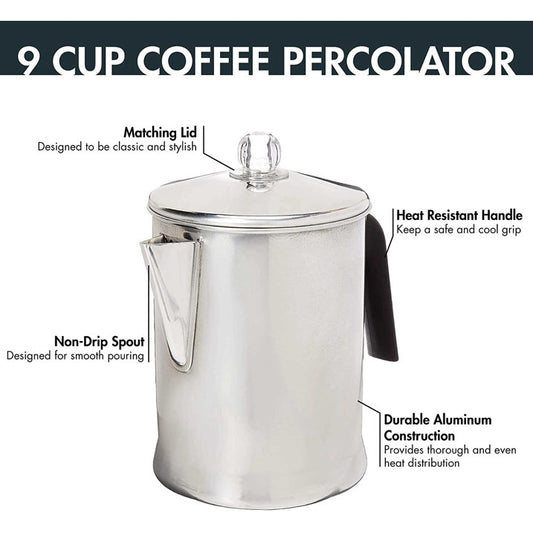 Primula Today Aluminum Stove Top Percolator Maker Durable, Brew Coffee On Stovetop, 9 Cup