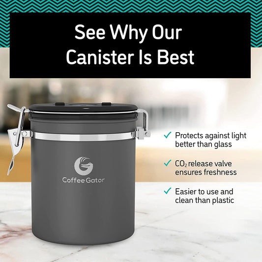 Coffee Gator Stainless Steel Coffee Storage Canister with Date-Tracker, CO2-Release Valve and Measuring Scoop, Large, Black