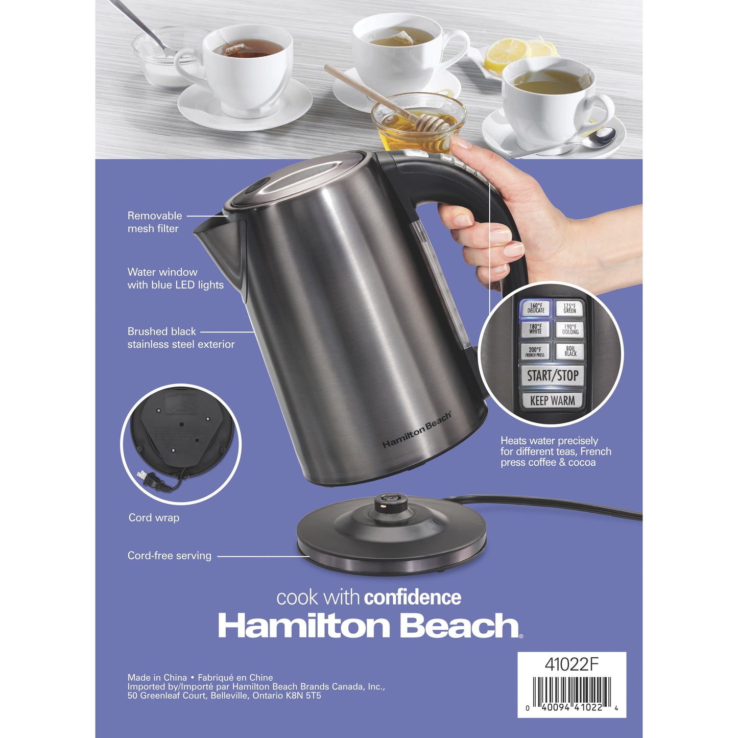 Hamilton Beach Variable Temperature Electric Kettle, 1.7 Liter, Black, Stainless Steel, New, 41022F