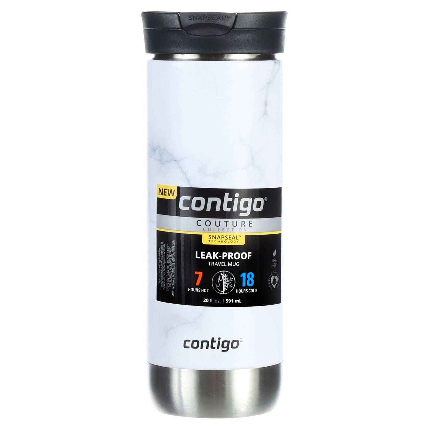Contigo Couture Stainless Steel Travel Mug with SNAPSEAL Lid White Marble, 20 fl oz.