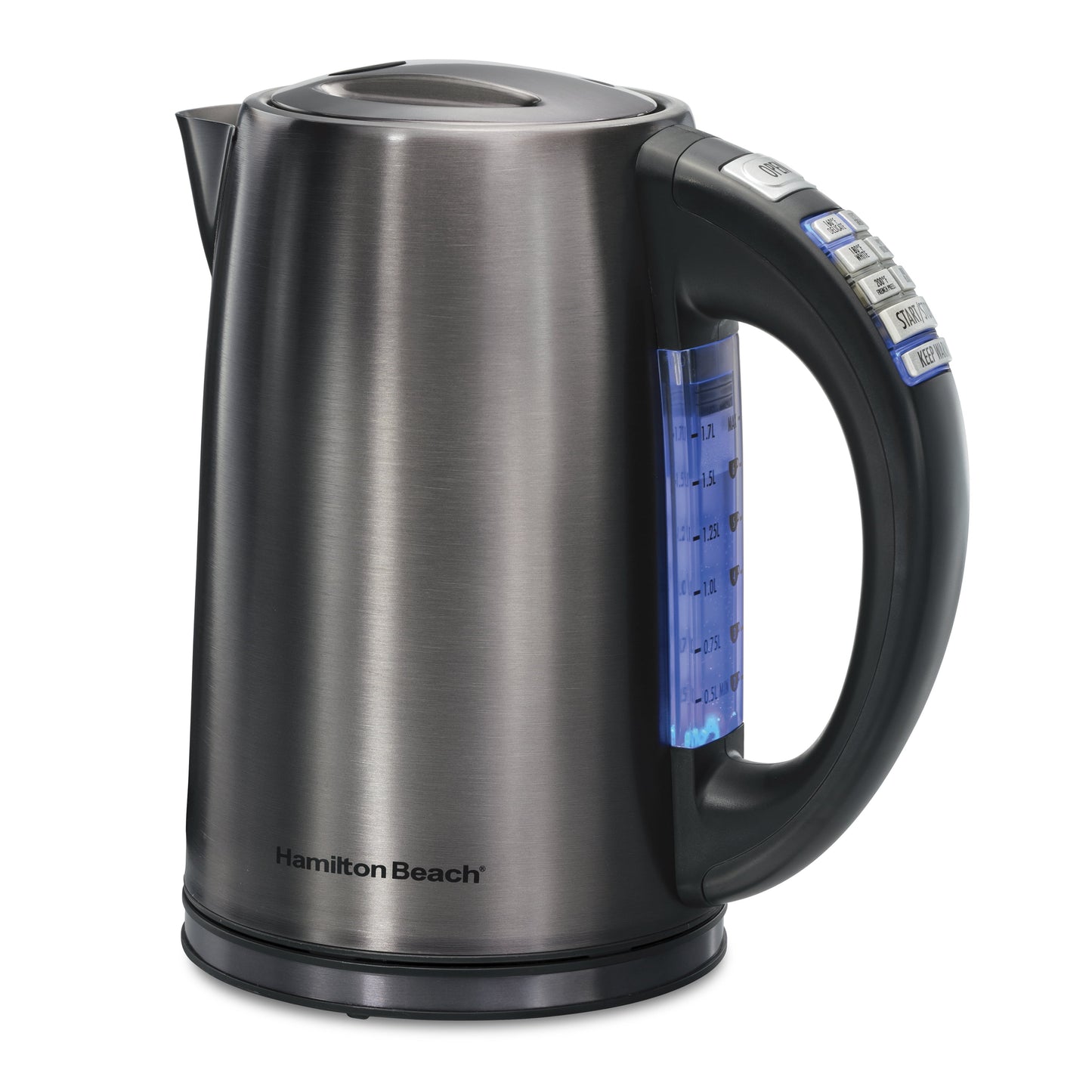 Hamilton Beach Variable Temperature Electric Kettle, 1.7 Liter, Black, Stainless Steel, New, 41022F