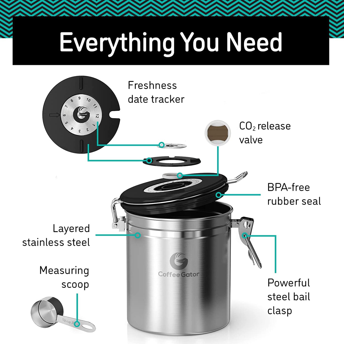 Coffee Gator Stainless Steel Coffee Storage Canister with Date-Tracker, CO2-Release Valve and Measuring Scoop, Large, Black