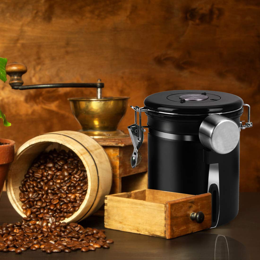 Coffee Container Airtight Coffee Canister, Coffee Stainless Steel Container for the Kitchen, Coffee Ground -One Way Co2 Valve Airtight Coffee Canister (Black,1.2L)