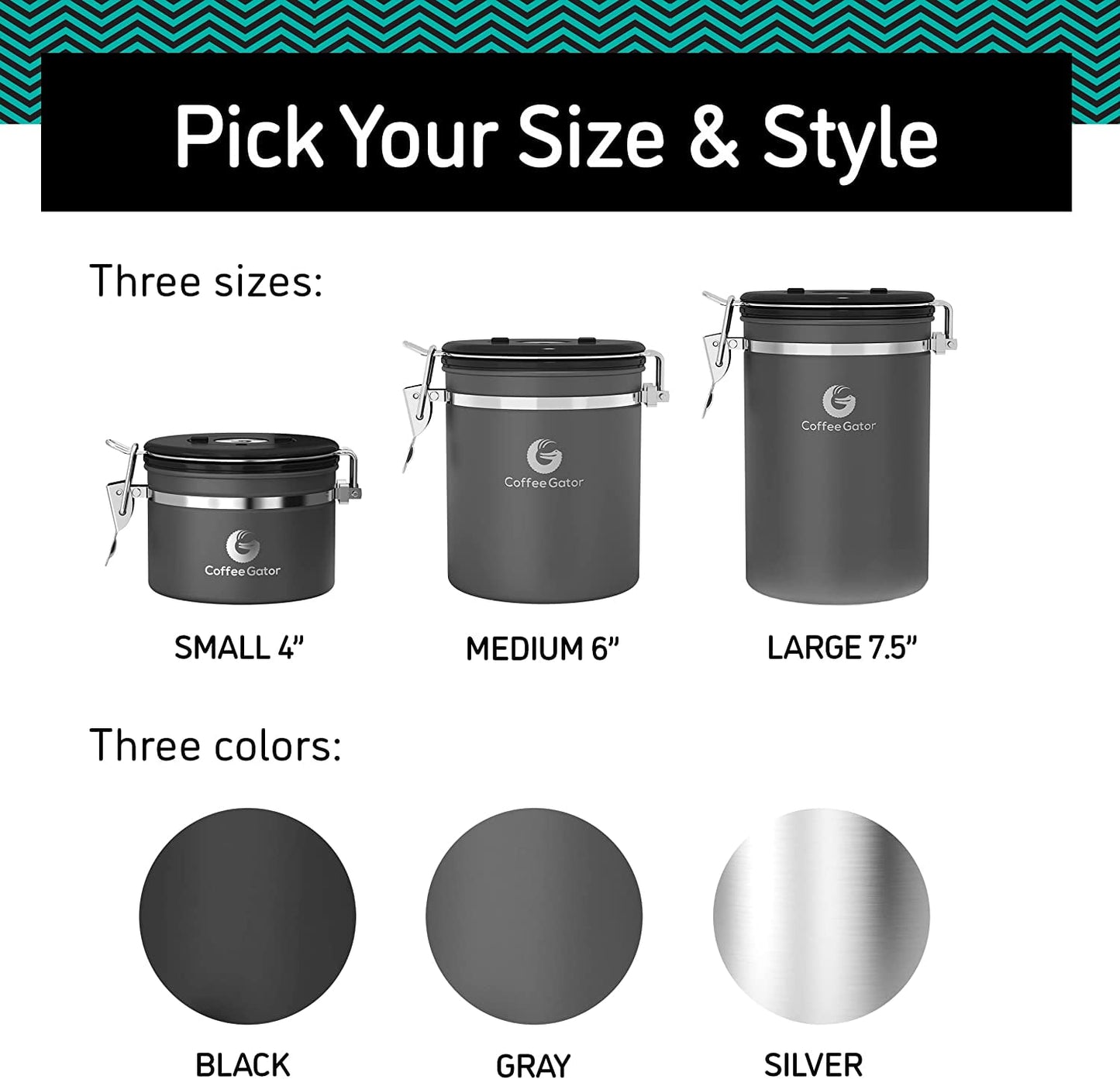 Coffee Gator Stainless Steel Coffee Storage Canister with Date-Tracker, CO2-Release Valve and Measuring Scoop, Large, Black