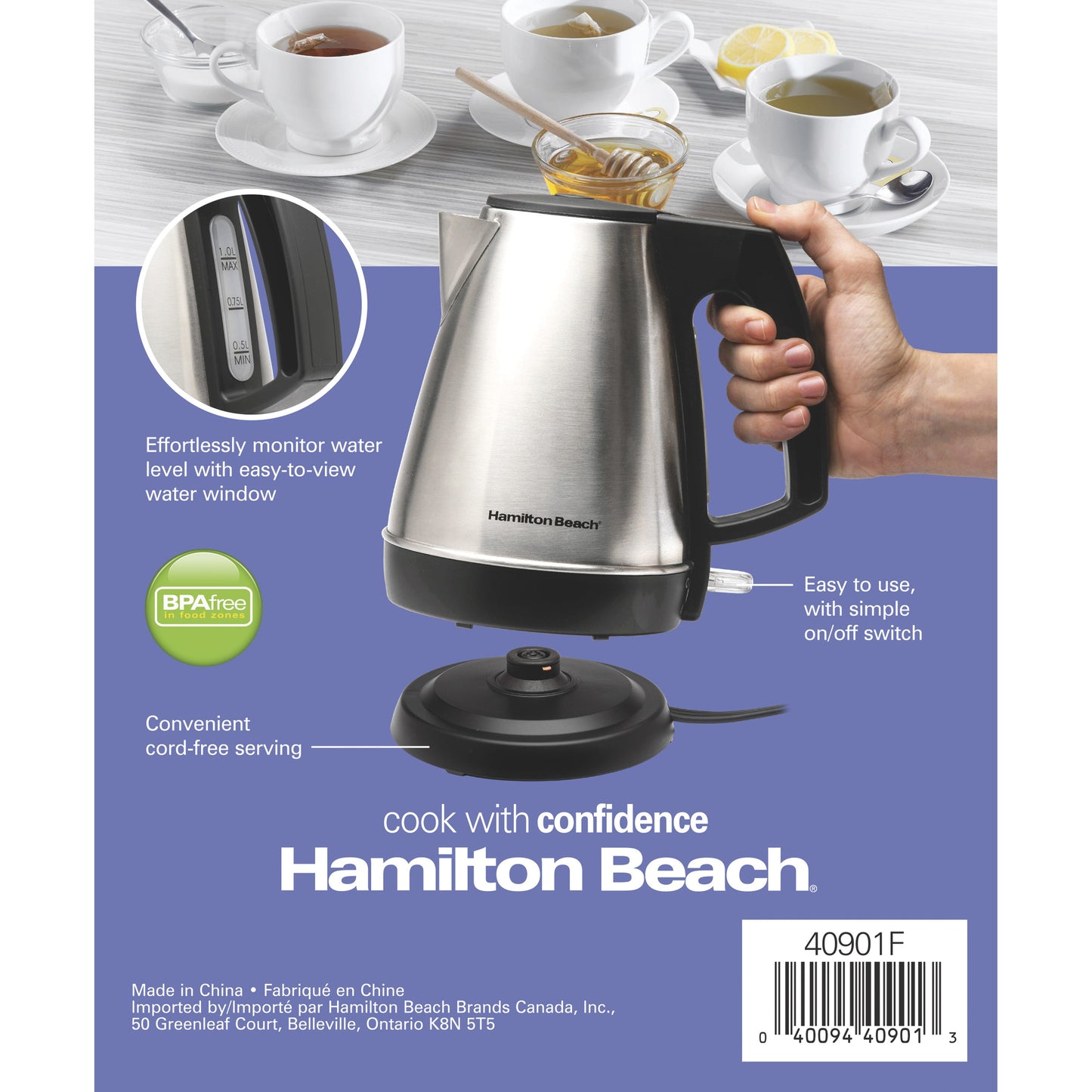 Hamilton Beach 1 Liter Electric Kettle, Stainless Steel and Black, New, 40901F