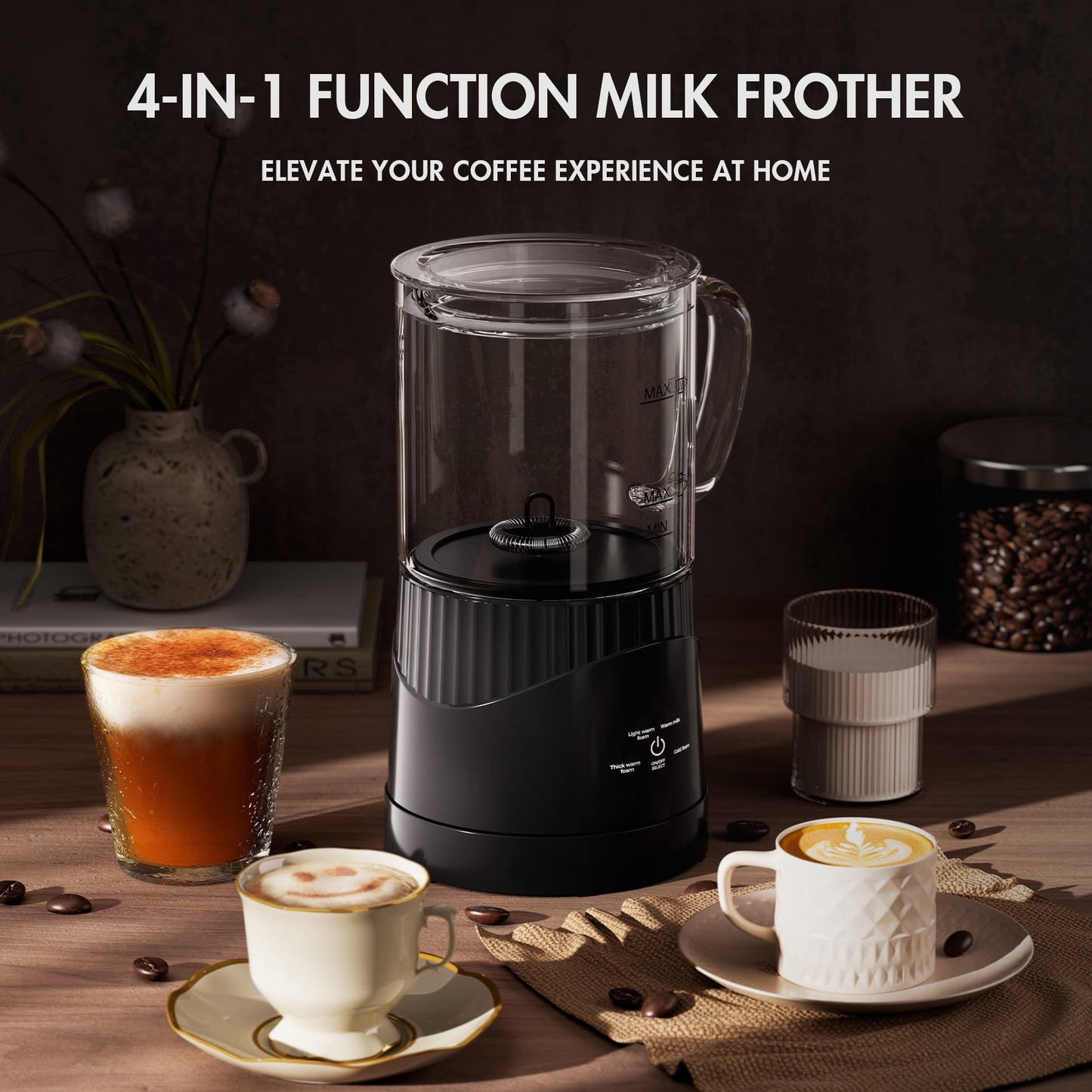 ALROCKET Milk Frother, 4 IN 1 Automatic Warm and Cold Milk Foam Maker, 400ml/13.5oz Milk Steamer for Coffee, Black