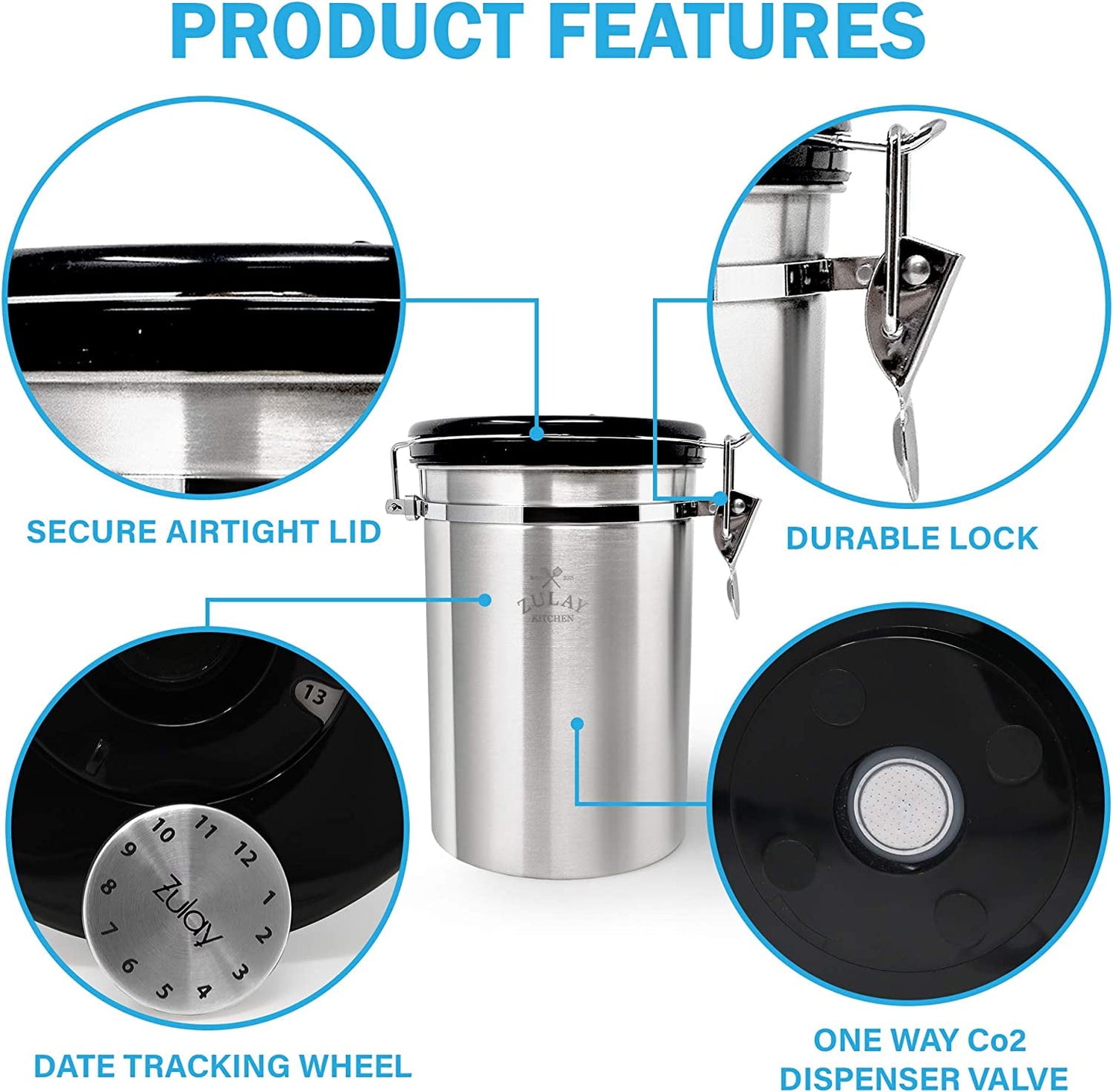 Zulay Kitchen Stainless Steel Coffee Canister with Air Filter and Date Tracking