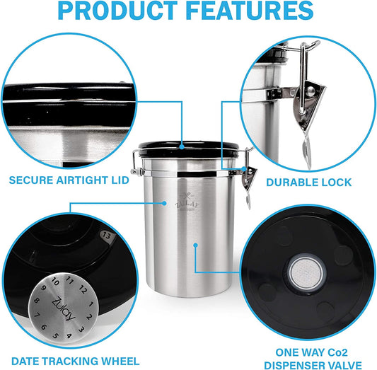Zulay Kitchen Stainless Steel Coffee Canister with Air Filter and Date Tracking